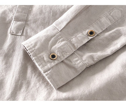 2024 Men's Linen Long-sleeved Shirt with Stand Collar, Youth Casual Loose Men's Cotton and Linen White Shirt.Beach Vacation Top