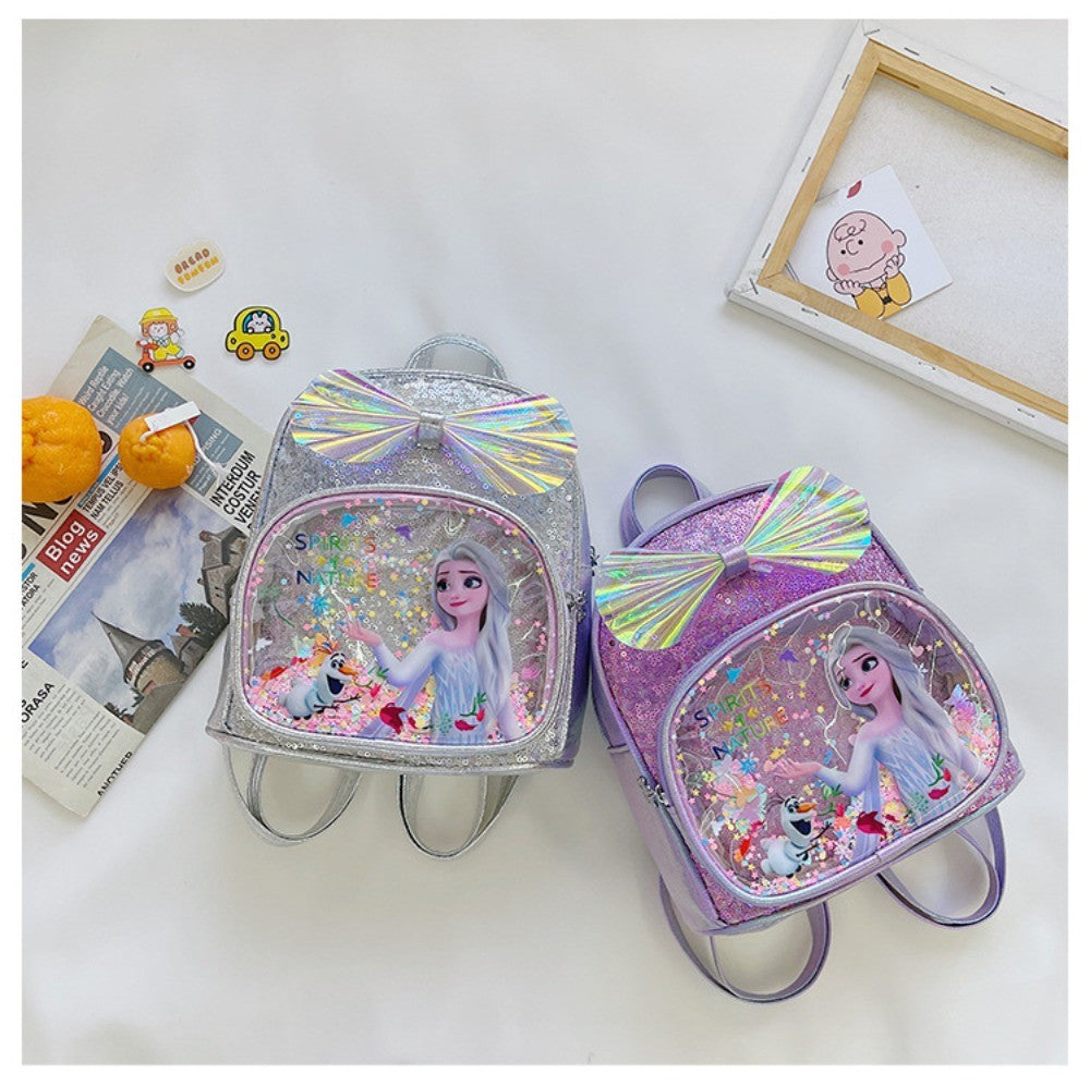 Mochila Mini de Glitter Princesa Elsa de Frozen da Disney, Linda com Laço de Lantejoulas, Bolsa Escolar de Jardim de Infância para Meninas, Desenho Animado Infantil, Mochila de Ombro Duplo