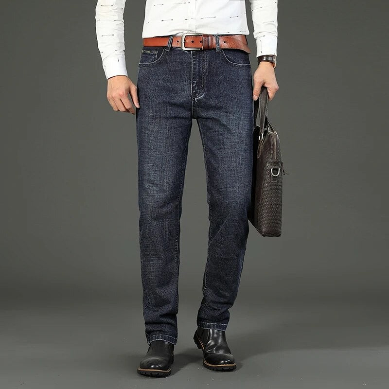 Wthinlee Calça Jeans Masculina Nova, Casual, Reta, Elástica, Moda Clássica, Azul, Preta, Trabalho, Calças Jeans Masculinas de Marca