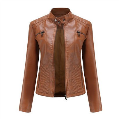 2025 Autumn Women's Black Moto Biker Zipper Jacket, Red Apricot Coffee PU Coat, Light Purple Outerwear.