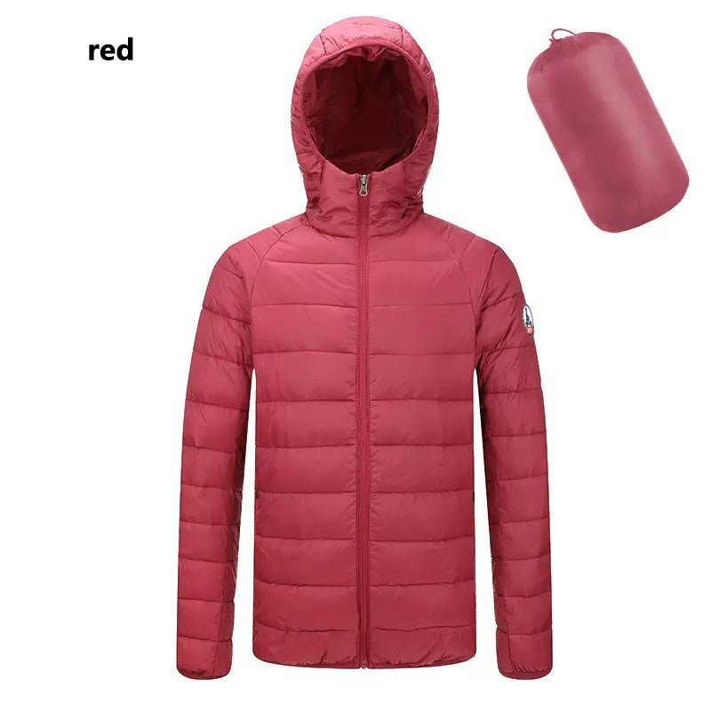 Hot Sales Europe Men Women Long sleeves Embroidery logo Zipper Front Going Out Light Thin Hooded Down Jacket Warm And Windproof