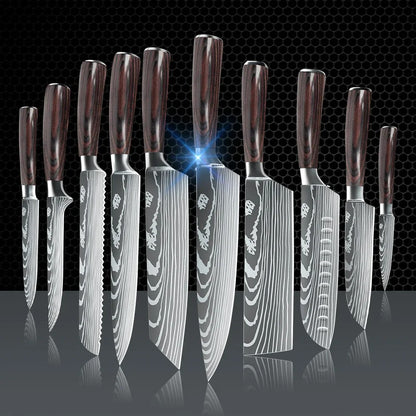 ZENG 10-piece set Damascus Pattern Cooking Cutter Kitchen Knife Chef Knives Meat Cleaver Fruit Vegetable Knife Slicing Knife