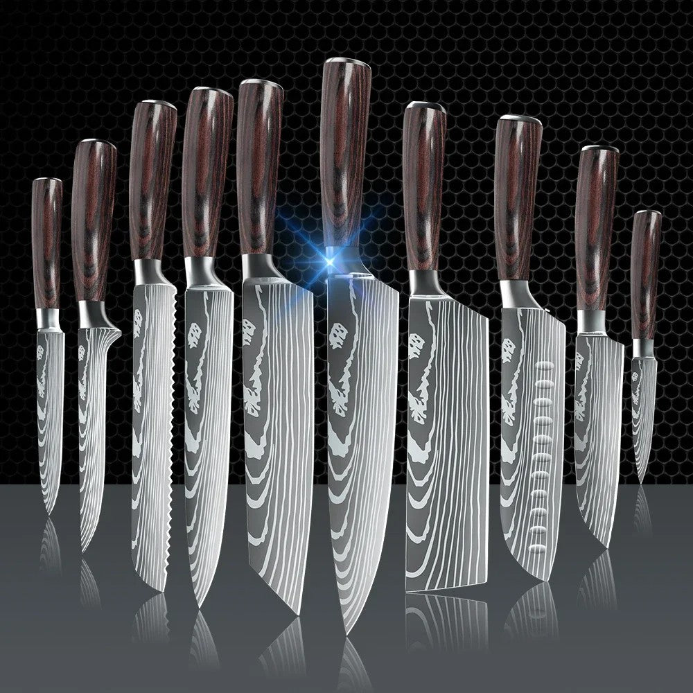 ZENG 10-piece set Damascus Pattern Cooking Cutter Kitchen Knife Chef Knives Meat Cleaver Fruit Vegetable Knife Slicing Knife
