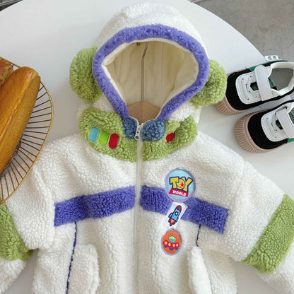 Jaqueta Infantil de Algodão Acolchoada Grossa Textura Premium com Capuz Contrastante de Cores da Disney Buzz Lightyear