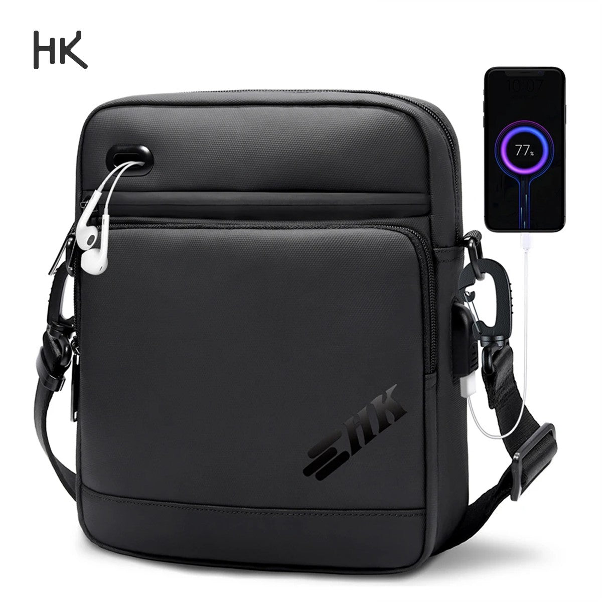 HK Casual Men's Shoulder Bag Large Crossbody Bag USB Charging Travel Sports Chest Bags Waterproof Sling Pack With Headphone Jack