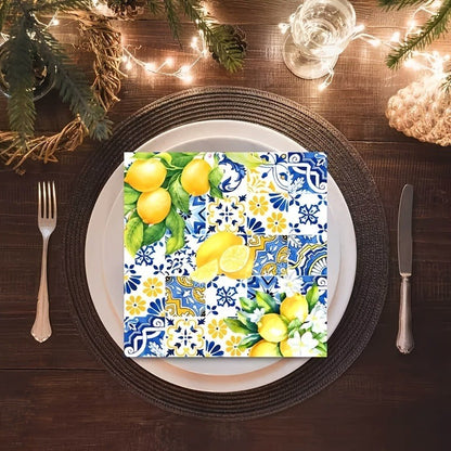 Mediterranean Lemon Blue Disposable Paper Napkins Citrus Floral Printed Table Decor Wedding Bridal Shower Garden Party Supplies