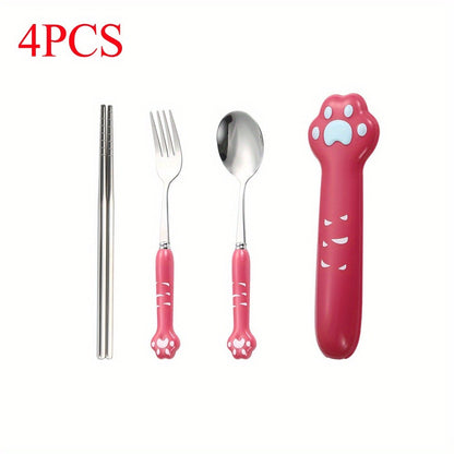 Conjunto de Talheres de Pata de Gato Fofo Garfo e Colher de Aço Inoxidável com Caixa de Armazenamento Louça Talheres Talheres Portáteis para Almoço