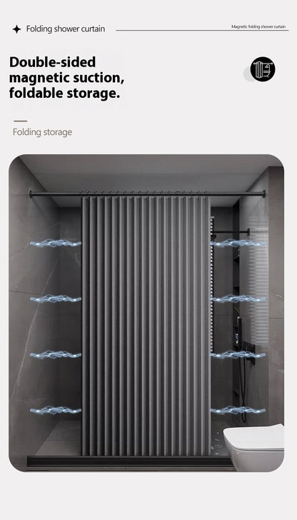 Bathroom Folding Linen Shower Curtain with Magnets Waterproof Suitable for Walk-in Shower Does Not Include Telescopic Rod
