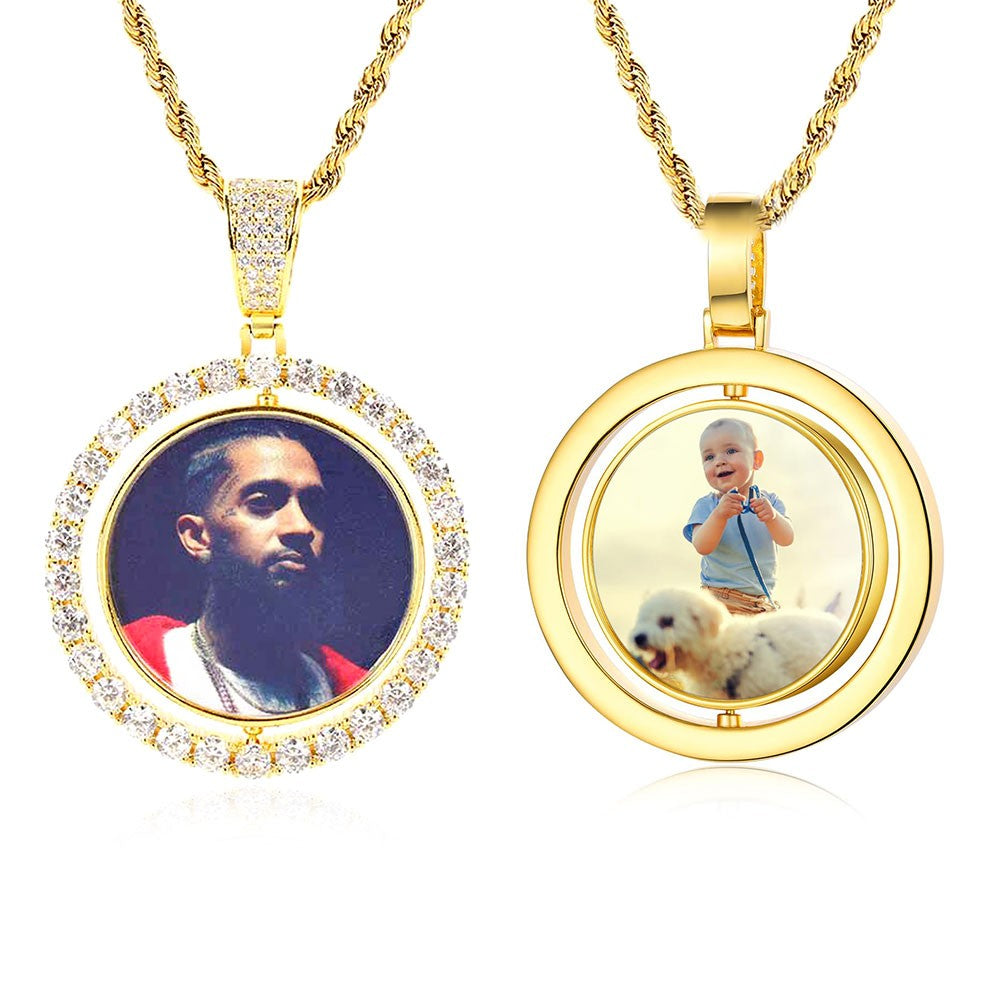 Wholesale Custom Photo Pendant Memory Medallions Rotary Double-Sided Picture Necklace Hip Hop Iced Jewelry Personalized Gift