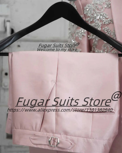 Fashion Pink Party Men Suits Customized  Gorgeous Shiny Rhinestone Groom Wedding Tuxedos 2Pcs Sets Male Prom Blazers Ropa Hombre