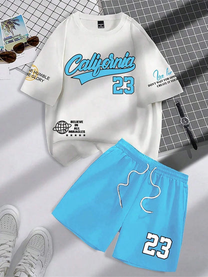 2025 summer new trend men's suit round neck short sleeve set fashion personalized alphanumeric print round neck T-shirt and shor