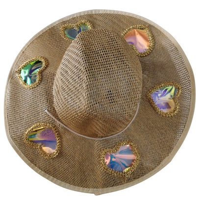 Suncatcher Chapéu de Sol com Estampa de Vaca e Palha, Chapéu de Palha Trançado à Mão, Chapéu de Cowboy com Aba Larga Modelável, Chapéu Arco-Íris, Chapéu de Sol de Verão para Praia para Mulheres