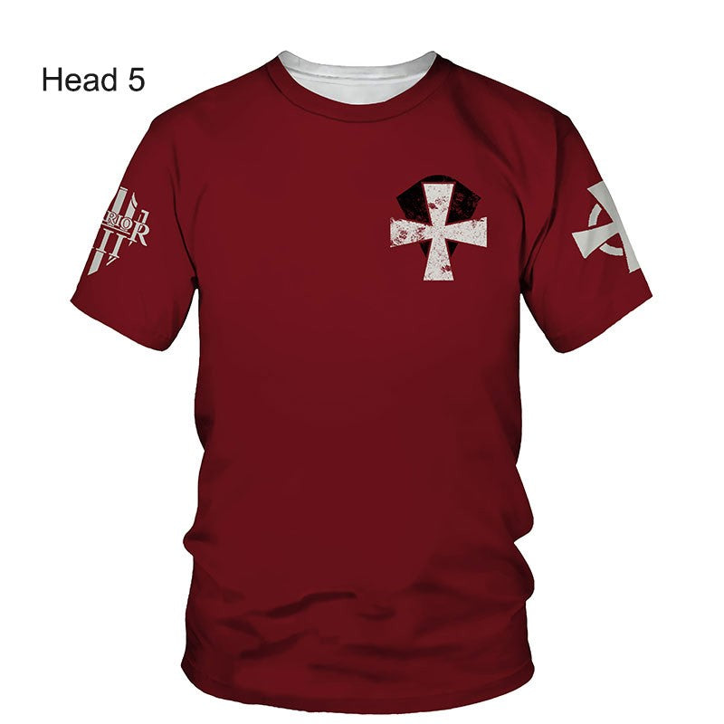 Crusader Knights Templar 3D Harajuku Print Handsome Retro Taste Fashion Personality Street Men's Round Neck Short Sleeve T-shirt