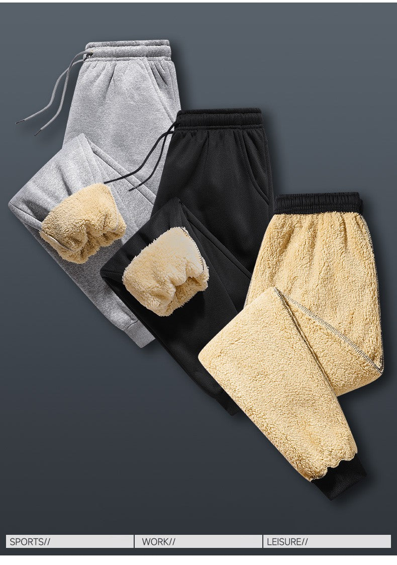 Calças masculinas para outono e inverno, forradas com lã para uso externo, calças casuais, calças de moletom esportivas quentes de lã de carneiro