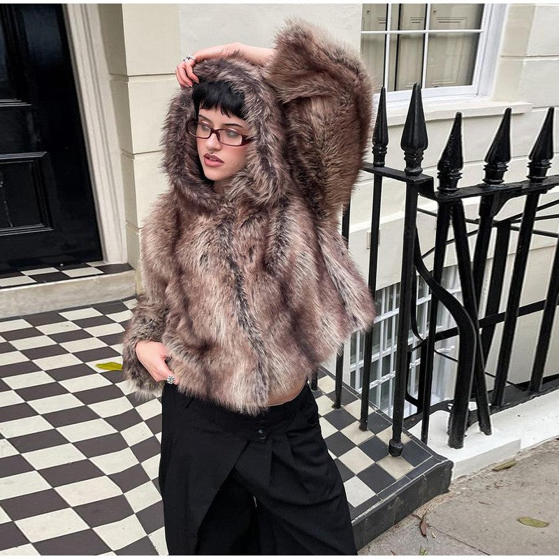 Warm Women's Hooded Faux Fur Cropped Coats Loose V-neck Full Sleeve Thicken Jacket Female 2025 Autumn Winter Lady Luxury Outwear