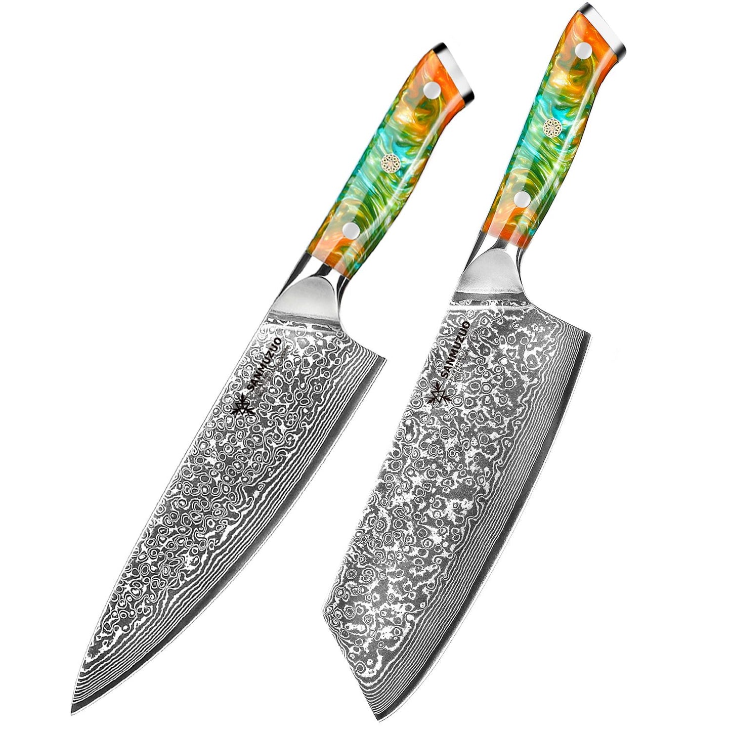 Conjunto de facas de cozinha SANMUZUO 2 peças - Série Xuan - Faca de Chef e Faca Nakiri em Aço Damasco VG10, Melhor Presente para Chefs - Cabo de Resina