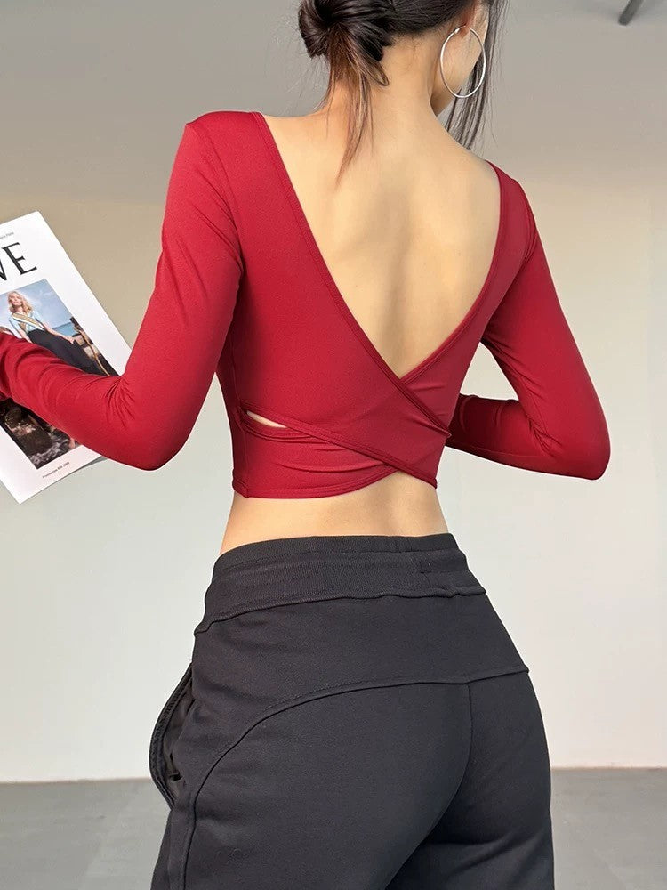 All-in-one deep V open back sexy sports top running training yoga wear slim fit slim casual fitness long sleeves