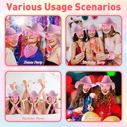 6-48Pcs Sparkly Cowboy Hat for Wedding Bachelorette Party Cowgirl Hats with Bandanas Heart Sunglasses Western Party Supplies