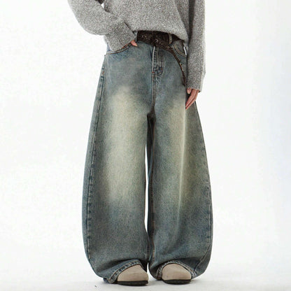 Men's Wear Blue Wide-Leg Denim Pants Baggy Jeans Vintage Three-Dimensional Cut Curved Knife Jeans Loose Fit Summer New Trend
