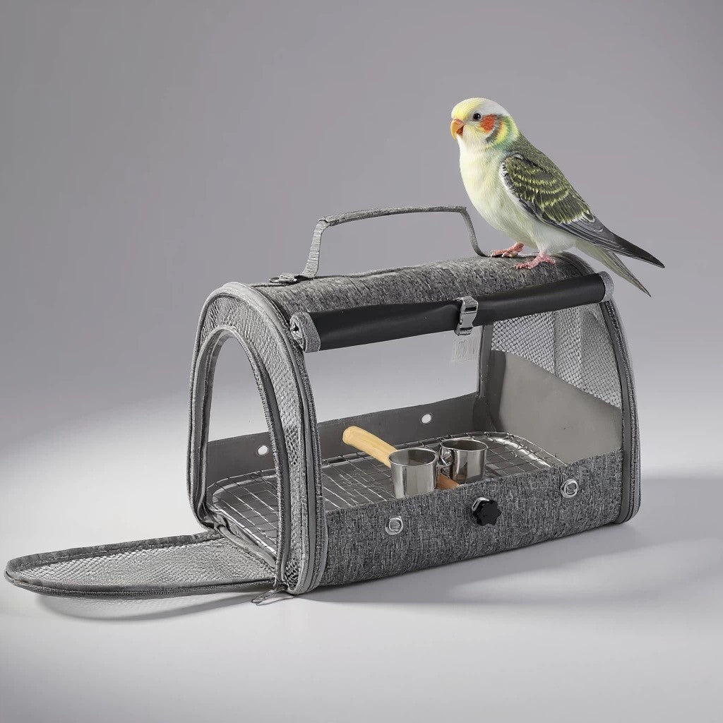 Gaiola de Pássaro para Transporte de Papagaio com Poleiro e Bandeja para Pássaros Pequenos Animais Periquito Agapornis Calopsita Cinza Africano Bolsa de Viagem para Animais de Estimação