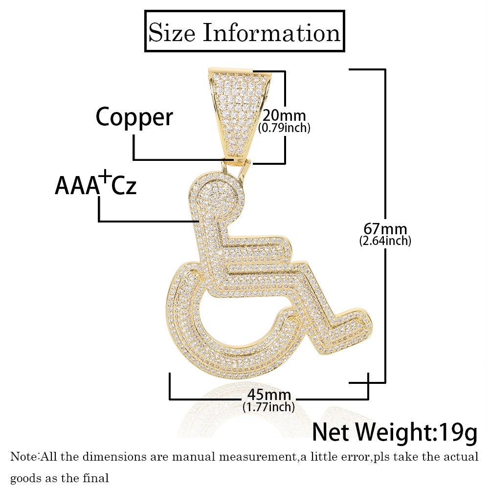 Iced out Copper Zircon Charm Pendant Men Women Hip Hop Jewelry Wheelchair Logo Personality Pendant Necklace Bling