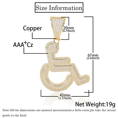 Iced out Copper Zircon Charm Pendant Men Women Hip Hop Jewelry Wheelchair Logo Personality Pendant Necklace Bling