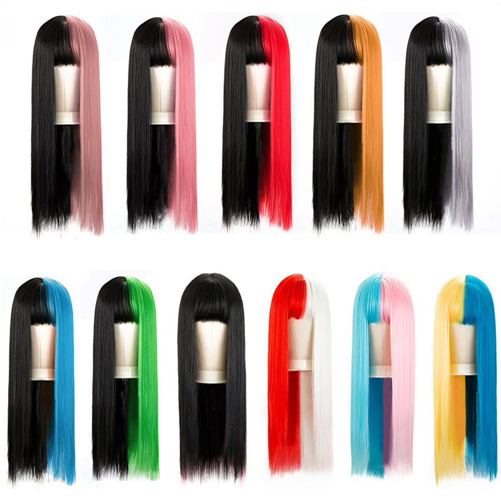 Green And Black Lolita Cosplay Wig Straight Wigs With Bangs Synthetic Heat Resistant Two Tone Wigs Black & Pink Split Color Wig