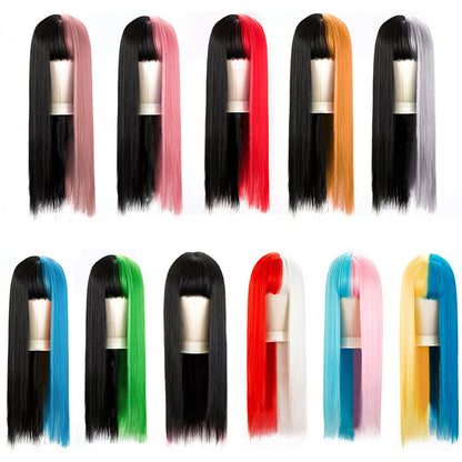 Green And Black Lolita Cosplay Wig Straight Wigs With Bangs Synthetic Heat Resistant Two Tone Wigs Black & Pink Split Color Wig