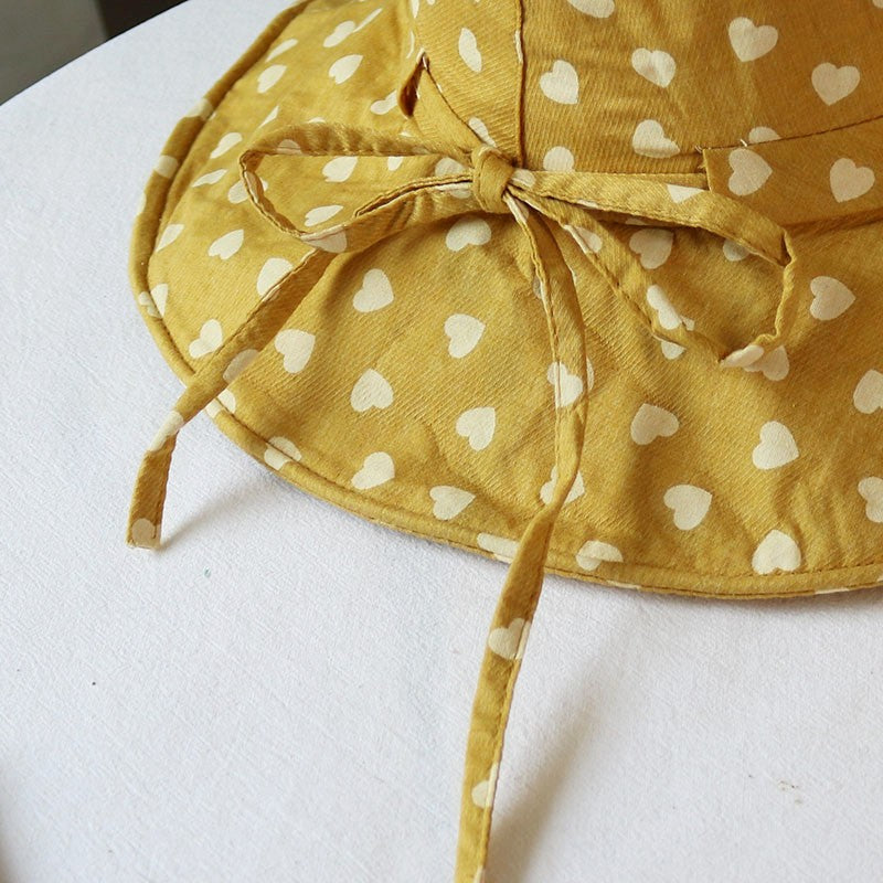 Chapéu feminino de verão, estampa de coração, aba grande para proteção solar, chapéu de sol de algodão e linho à prova de sol, chapéu de pescador dobrável