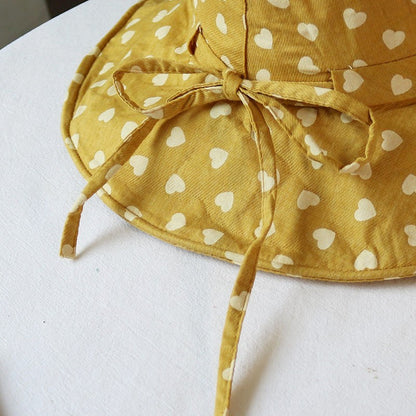 Chapéu feminino de verão, estampa de coração, aba grande para proteção solar, chapéu de sol de algodão e linho à prova de sol, chapéu de pescador dobrável