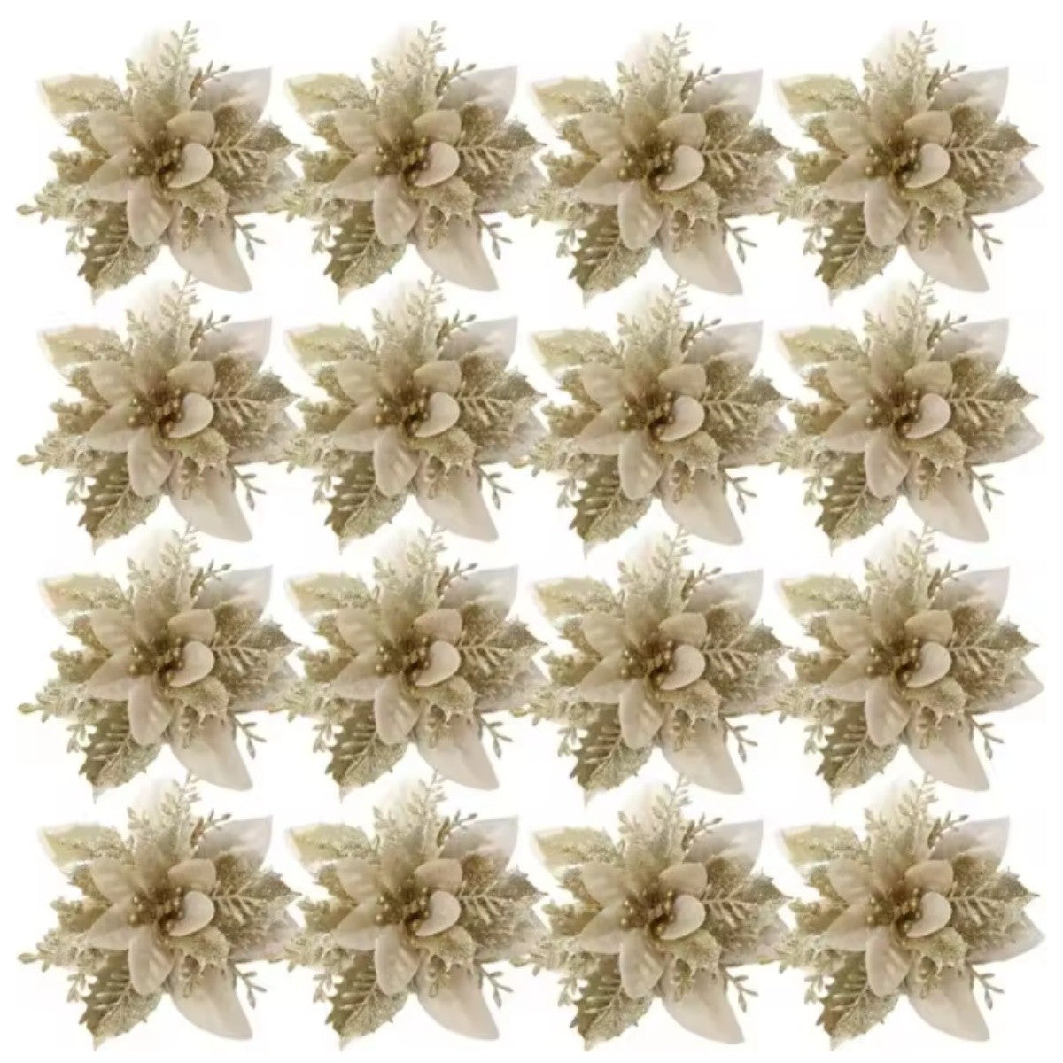 Large Glitter Artificial Christmas Flowers with Clips DIY Fake Flower Xmas Tree Ornaments for Home New Year Decoration Supplies