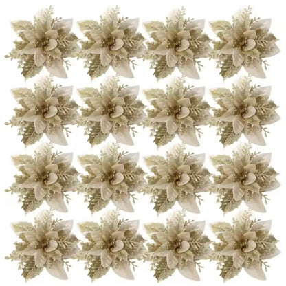 Large Glitter Artificial Christmas Flowers with Clips DIY Fake Flower Xmas Tree Ornaments for Home New Year Decoration Supplies