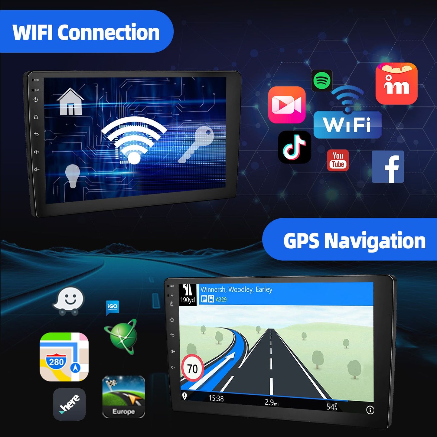 ESSGOO 4+64G Auto Rádio Multimídia Sem Fio CarPlay Android Auto Duplo 2 DIN 9" IPS Tela Sensível ao Toque GPS SAT NAVI FM DAB+ WIFI
