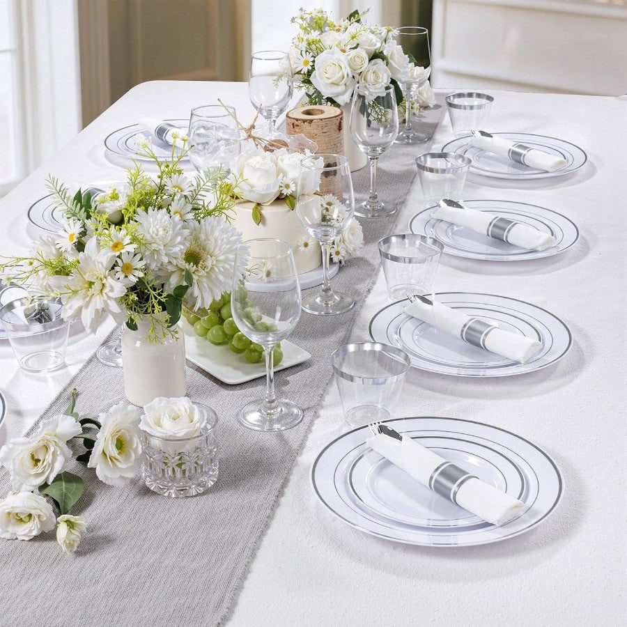 350PCS Silver Plastic Dinnerware Set for 50 Guests Fancy Disposable Plates for Party Include: 50 Dinner Plates 50 Dessert Plate
