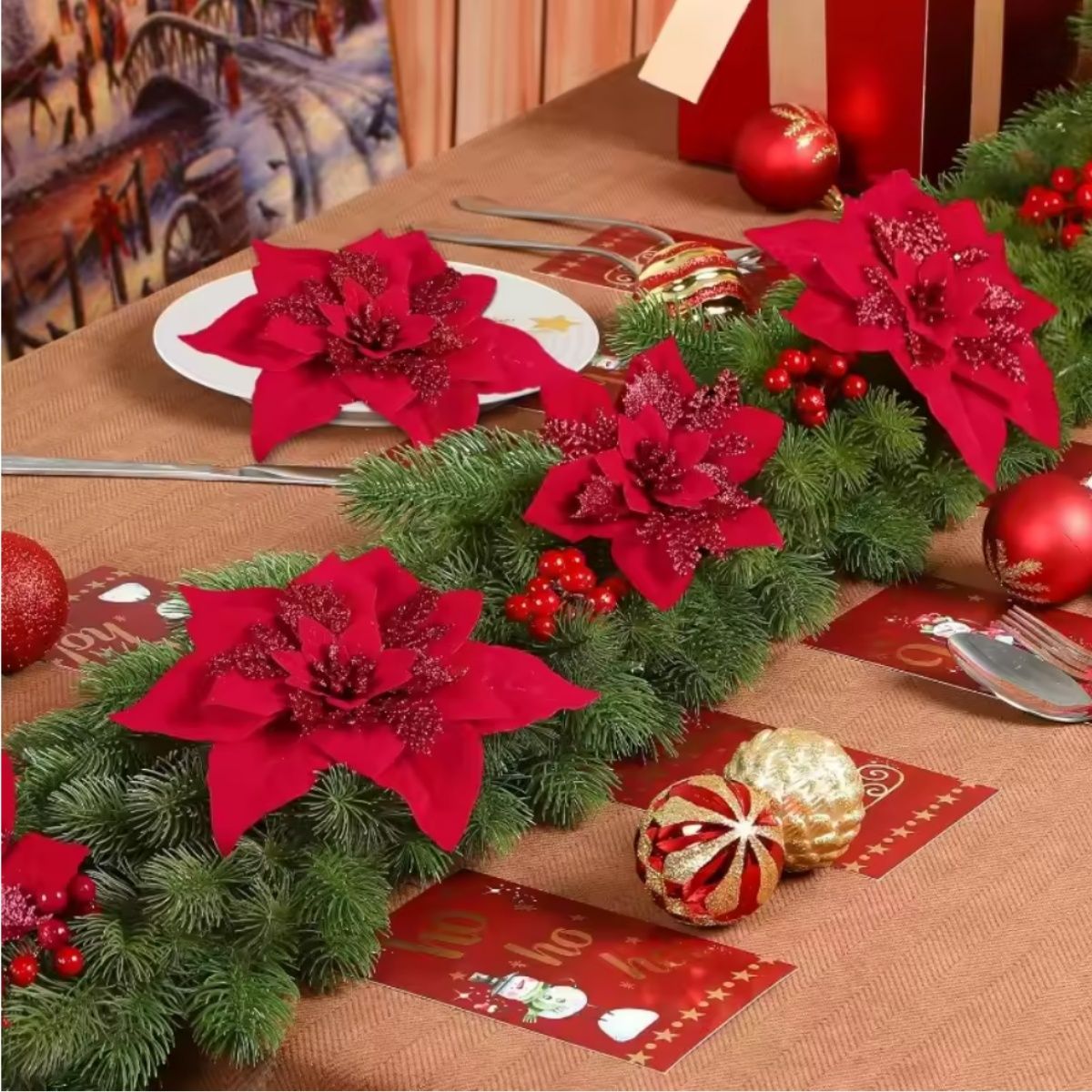 Large Glitter Artificial Christmas Flowers with Clips DIY Fake Flower Xmas Tree Ornaments for Home New Year Decoration Supplies