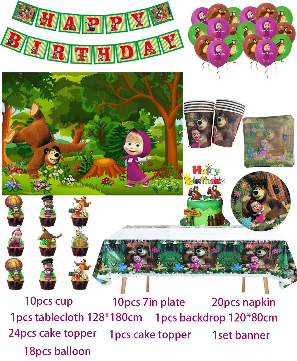 Masha and The Bear Theme Birthday Party Supplies Girls Masha Tableware Set Balloons Plates Cups for Kids Party Baby Shower Decor