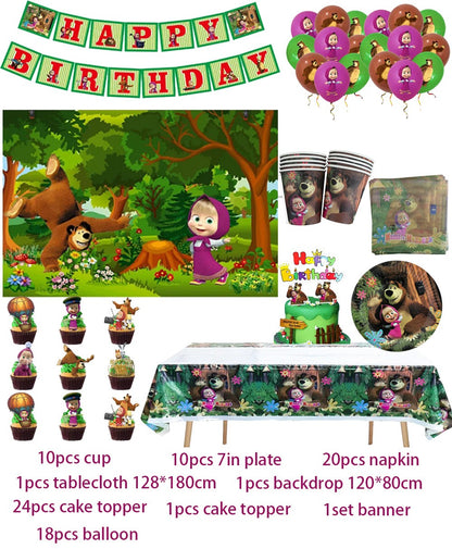 Masha and The Bear Theme Birthday Party Supplies Girls Masha Tableware Set Balloons Plates Cups for Kids Party Baby Shower Decor