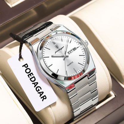 POEDAGAR Fashion Classic Man Watch Waterproof Luminous Date Week Luxury Men Watch Stainless Steel Quartz Business Men's Watches