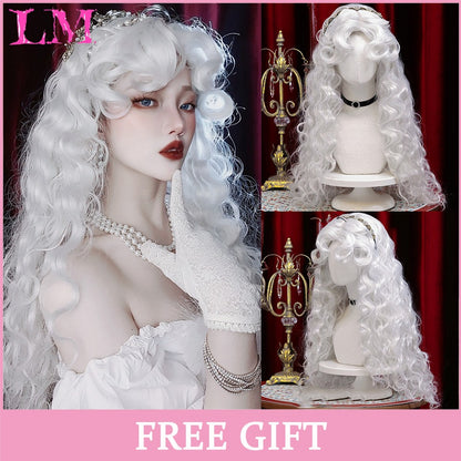 LM Medium Length Pink Cosplay Wig Heat Resistant Costume Party Synthetic Wigs 2 Clip On Ponytail 7 Colors