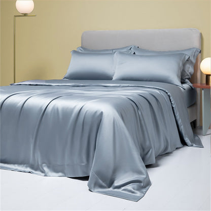 Lofuka Luxuoso Conjunto de Cama Cinza Escuro 100% Seda Pura Capa de Edredom Lençol Fronha para Sono Saudável Casal Queen King