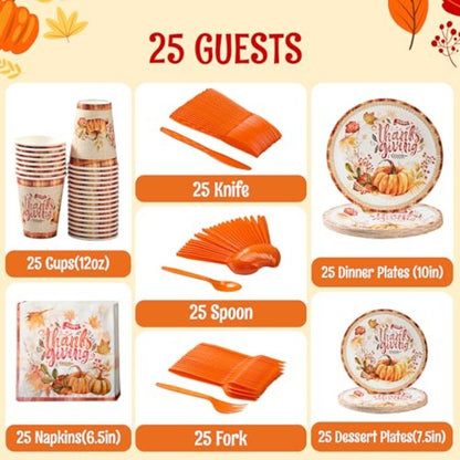 175 PCS Thanksgiving Disposable Paper Plates Paper Gold Disposable Dinnerware Set for Fall Harvest Thanksgiving Parties Ideal f