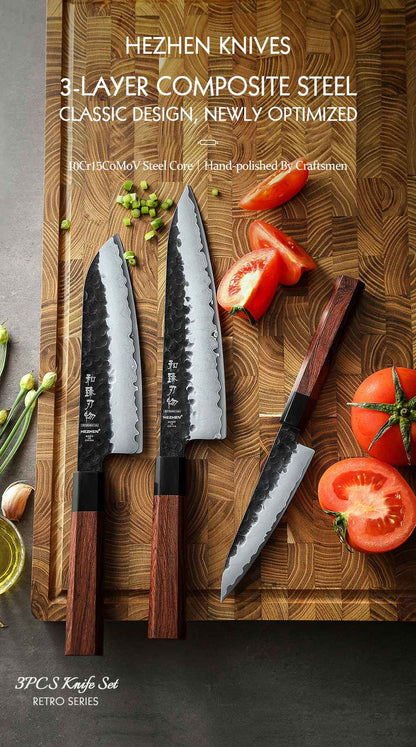 Conjunto de Facas de Cozinha HEZHEN 1-3PC Chef Utilitária Santoku Profissional Aço Revestido Japonês para Carne Faca de Cozinha Madeira Vermelha