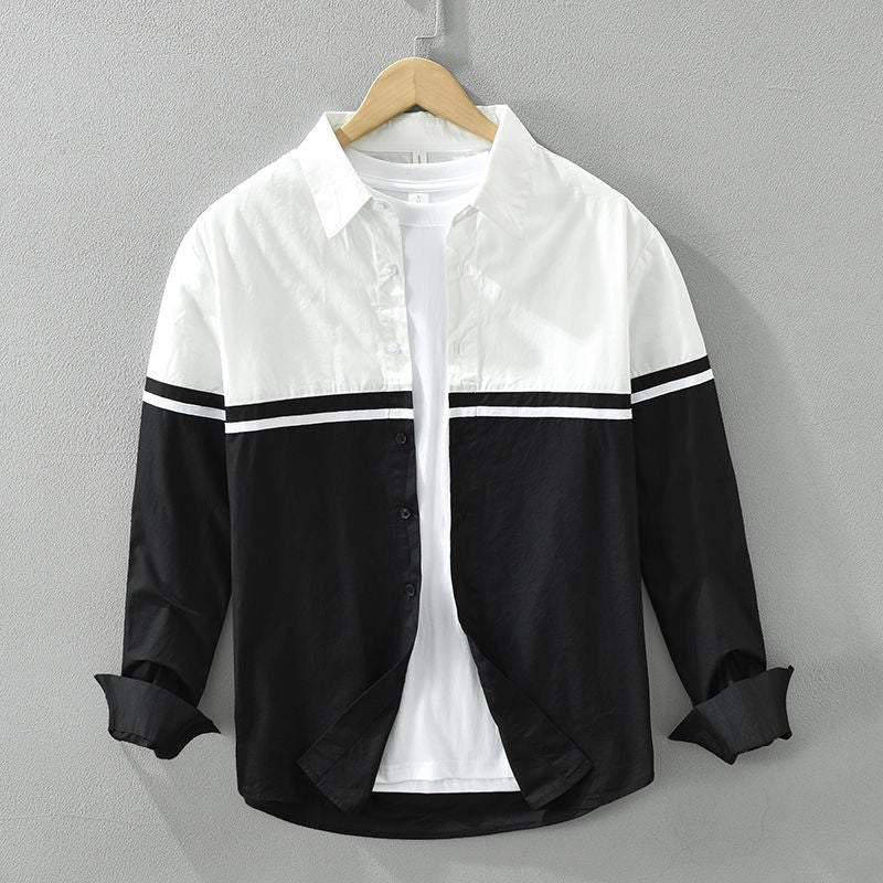 Polo Neck Contrast Patchwork Korean Blouse Men's Spring Autumn New Long Sleeve Loose Casual Shirt Tops Fashion Trend Men Clothes