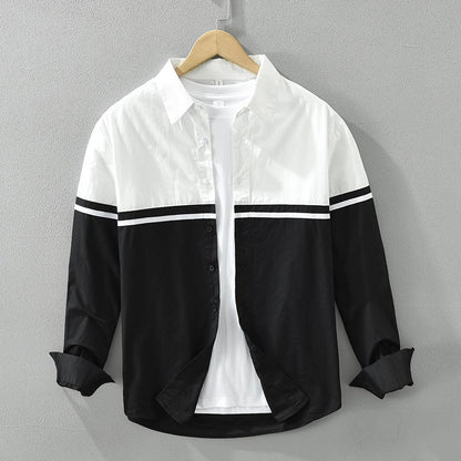 Polo Neck Contrast Patchwork Korean Blouse Men's Spring Autumn New Long Sleeve Loose Casual Shirt Tops Fashion Trend Men Clothes