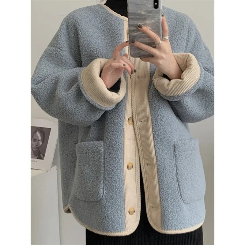 2024 Winter New Women's Lamb Wool Jacket Petite Loose-Fit Thickened Integrated Deer Skin Fleece Medium-Length Korean Style