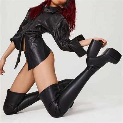 Comemore Women Punk Style Autumn Winter Chunky Platform High Boot Party Shoes Ladies Black Thick Heels Elastic Knee High Boots