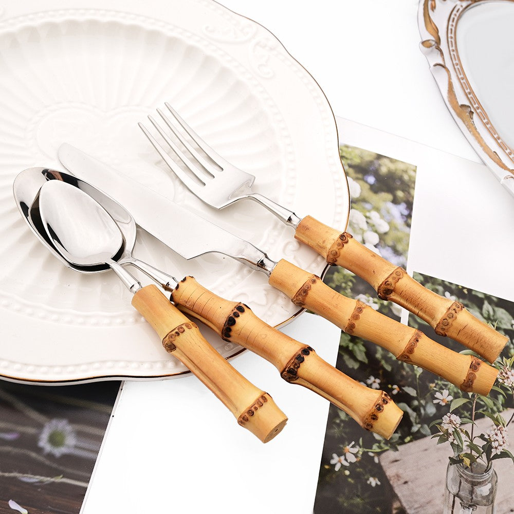 1Pç Conjunto de Talheres de Bambu Natural com Cabo de Aço Inoxidável Utensílios de Mesa Garfos de Jantar Colher Faca Talheres de Cozinha