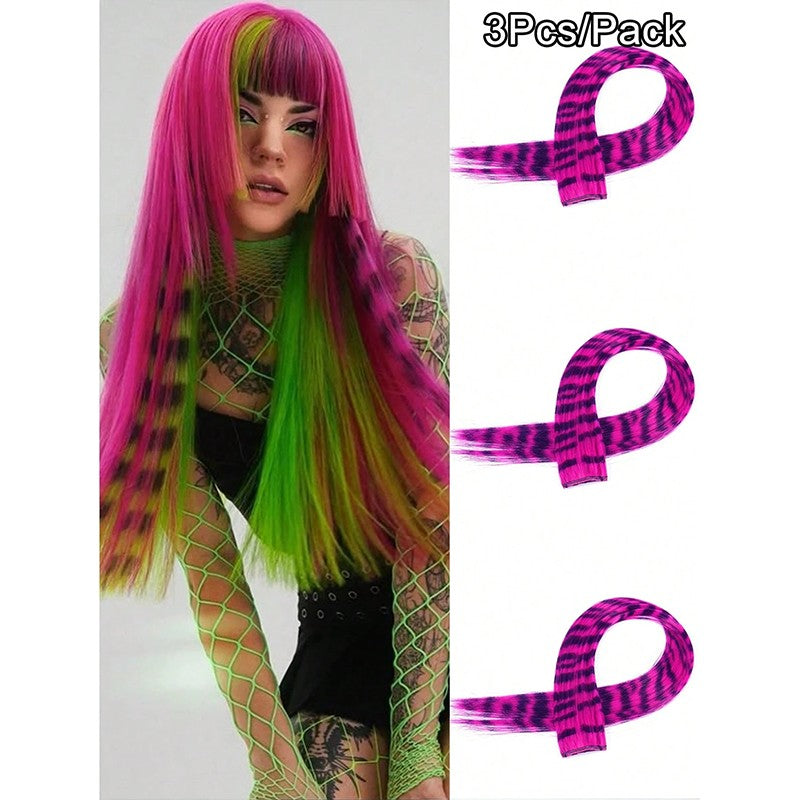 3Pcs Leopard Print Hair Extensions Synthetic Stripe Printed Hair Piece Colorful Long Straight Clip In Hair For Women Girls Party