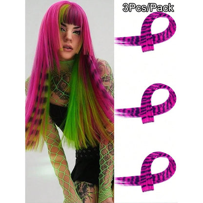 3Pcs Leopard Print Hair Extensions Synthetic Stripe Printed Hair Piece Colorful Long Straight Clip In Hair For Women Girls Party