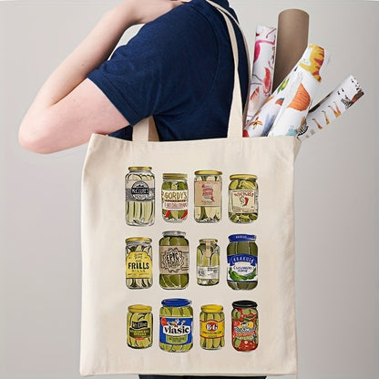 1pcs Pickle Pattern Tote Bag Trendy Casual Shoulder Bag Vintage Canned Pickles Tote Bag Funny Canvas Shoulder Bags